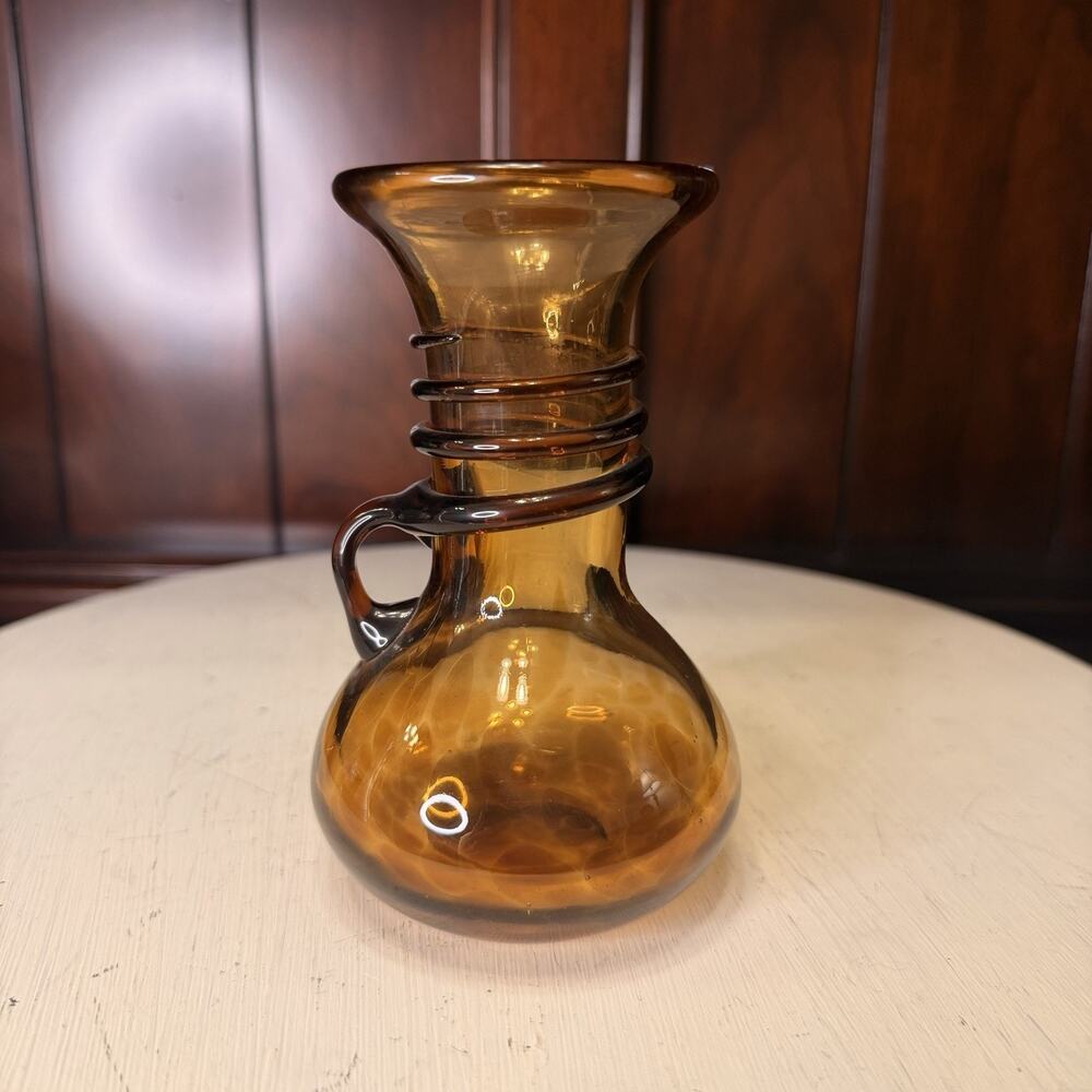 MCM Vintage Amber Tortoise Shell Hand Blown Glass Mini Pitcher Vase 5” Tall